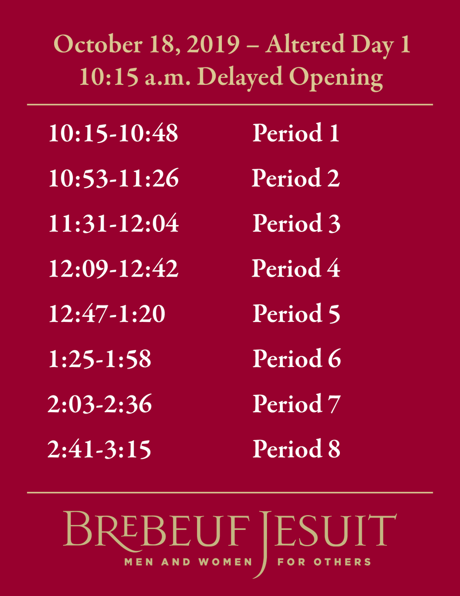 BrebeufJesuit's tweet photo. Tomorrow, October 18, 2019 is a 10:15 a.m. Delayed Opening.

Here is the October 18, 2019 Altered Day 1 schedule. https://t.co/yfUjwYPlLx
