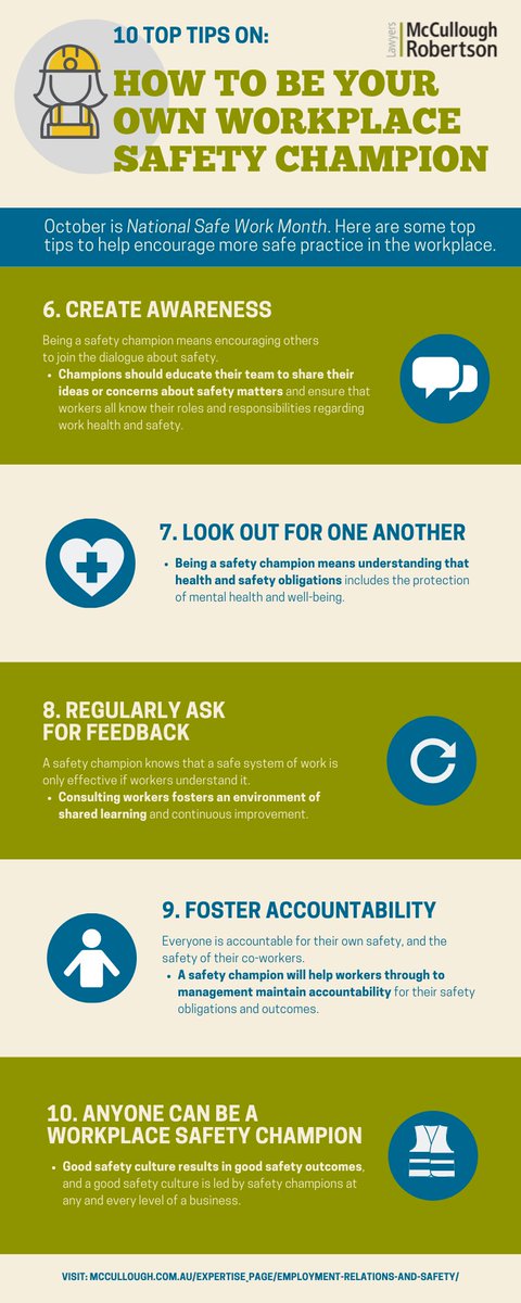 MCRlaw's tweet photo. 10 Top Tips: How to be your own workplace safety champion’ created by our ERS Team to help encourage more safe practice in the workplace. How are you being a Safety Champion in your workplace? #NationalSafeWorkMonth #EmploymentRelationsandSafety https://t.co/FciR8lvNWq