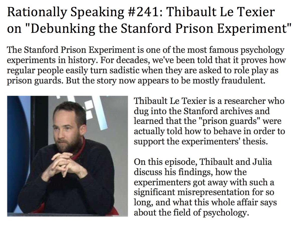 juliagalef's tweet image. My latest podcast, in which I am dumbfounded at how much of a sham the Stanford Prison Experiment turned out to be: rationallyspeakingpodcast.org/show/rs-241-th… (audio &amp;amp; transcript)
How did this remain reputable for decades??

Thanks to my guest Thibault Le Texier for his stellar investigative work.