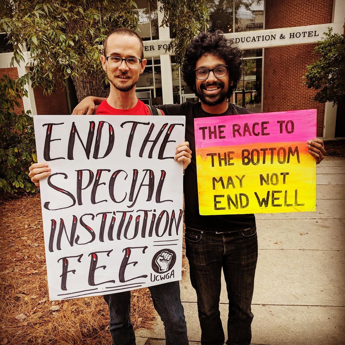 UCWGA3265's tweet photo. What’s outrageous? Georgia wages! UCWGA and community groups rallied at the Board of Regents meeting at UGA today. Join grad workers as they continue to fight the high cost of student fees. #livingwage #fairpay #athensga #ucwga #intolerablefee https://t.co/mBvirlYzUw