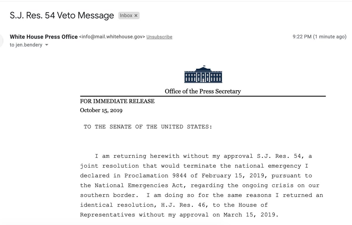 In the middle of this Democratic debate, Trump just vetoed the Senate bill that would end his emergency declaration to get money to build his wall. https://t.co/1DaBICNMsG