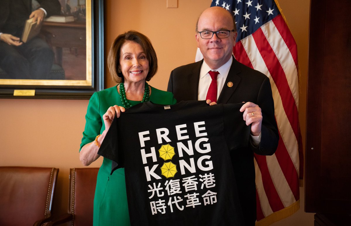 SpeakerPelosi's tweet image. On one side, you have a repressive regime crushing democratic freedoms in #HongKong. On the other, you have young people speaking out for freedom &amp;amp; democratic reforms. Proud to stand with @RepMcGovern in support of today’s bipartisan votes showing the House’s commitment to HK.
