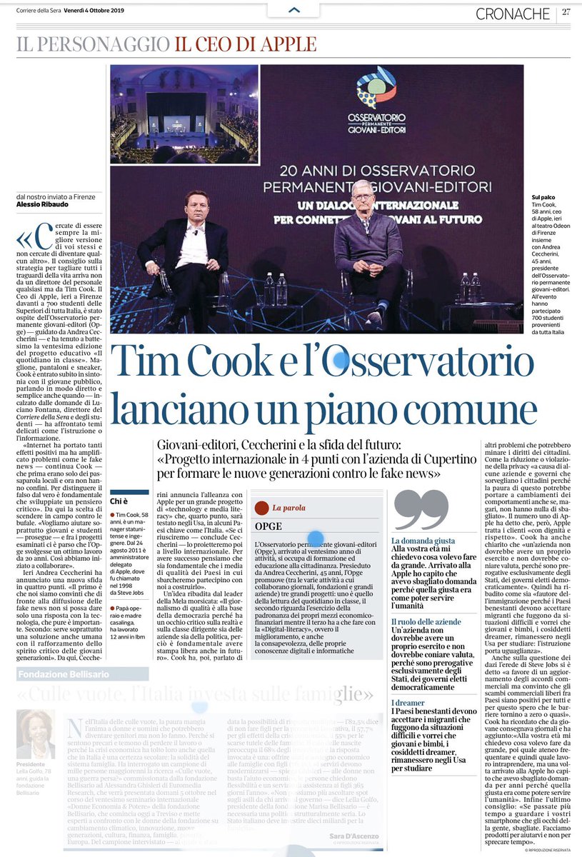 gdt62's tweet photo. #OPGE @opge @tim_cook “la domanda giusta non è cosa fare da grande, ma come servire l’umanità “ via @Corriere @L_Economia https://t.co/m9o6EE9FSW