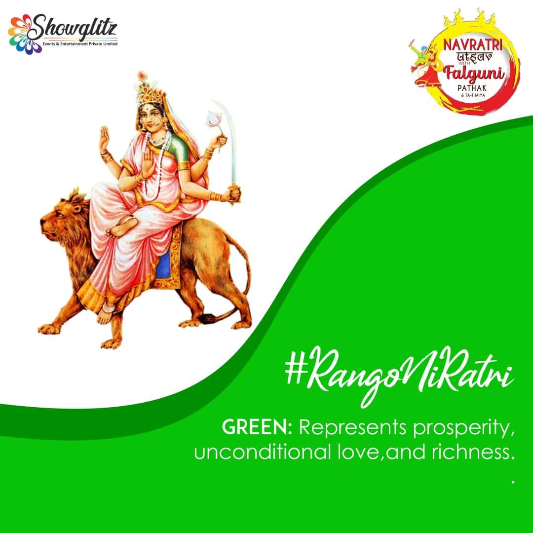 Showglitz_Nav's tweet photo. Navratri not only teaches us the significance of the colours but also the true meaning of living life! The colour Green is said to help in improving relationships. The Goddess of Day 6, Katyayani maa is the most violent form of Goddess Parvati. 
#Day6 https://t.co/6DbhRyTwSH