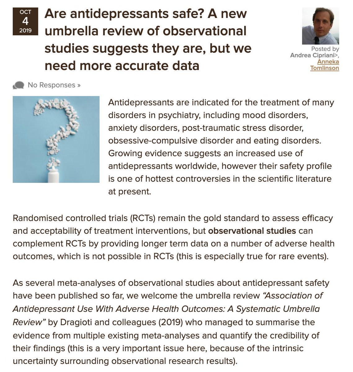Today <a href="/And_Cipriani/">Andrea Cipriani</a> <a href="/AnnekaTomlinson/">Anneka Tomlinson</a> scrutinise a brand new umbrella review in <a href="/JAMAPsych/">JAMA Psychiatry</a> of associations btwn #antidepressants &amp; adverse health outcomes, which suggests antidepressants are safe.

☂️review by @BrendonStubbs @joefirth7 others on Twitter?
elfi.sh/2pHP6pf