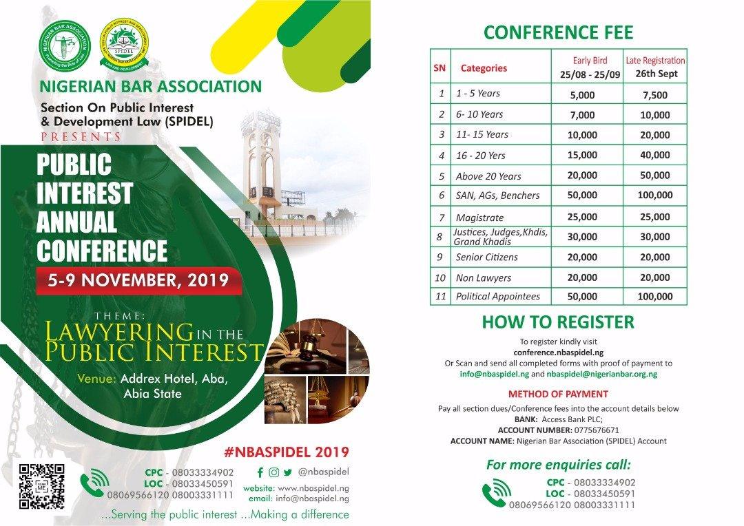 Register
Attend
Network

#NBASPIDEL
Lawyering in the Public Interest

<a href="/NigBarAssoc/">Nigerian Bar Association</a>
<a href="/PaulUsoroSAN/">Paul Usoro, SAN.</a>
<a href="/ChidiOdinkalu/">Chidi Anselm Odinkalu, CGoF</a>
<a href="/lawbloggerng/">Lawblogger</a>