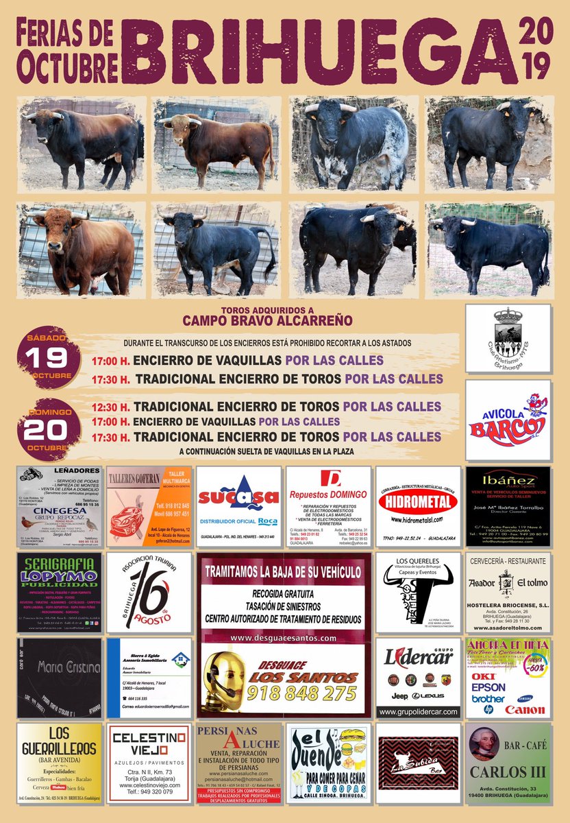 FeriasBrihuega's tweet photo. Un año más, anunciamos el cartel con los 8 toros que recorrerán las calles de Brihuega en nuestras Ferias de Octubre. 

#YaFaltaMenos ⏳ https://t.co/IHzYlzeUD3