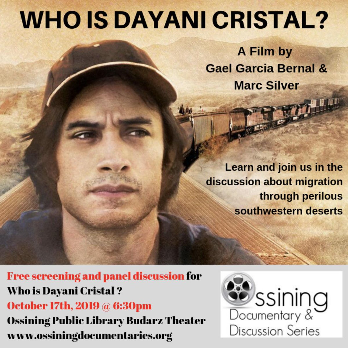 OssiningDDS's tweet photo. Please join us on October 17th for @GaelGarciaB &amp; @marcsilverMS @DayaniCristal Screening. From 6:30pm-8:45pm at The @OssiningLibrary 's Budarz Theatre. There will be a panel discussion.-Official Trailer https://t.co/NXcuwf8BMr via @YouTube #KnowYourBorder  #LatinxHeritageMonth https://t.co/smV08rPMba