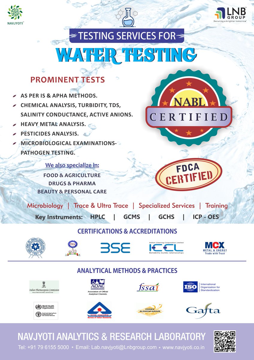 Fastest & most reliable #WaterTestingServices at @NavjyotiAnalytics NABL & FDA accredited laboratory.
'Delivering Trusted Testing Services Across Businesses'
#DrugTesting #PharmaTesting #FoodTesting #AgriTesting #WaterTesting #ChemicalTesting #Microbiology #TraceandUltraTrace