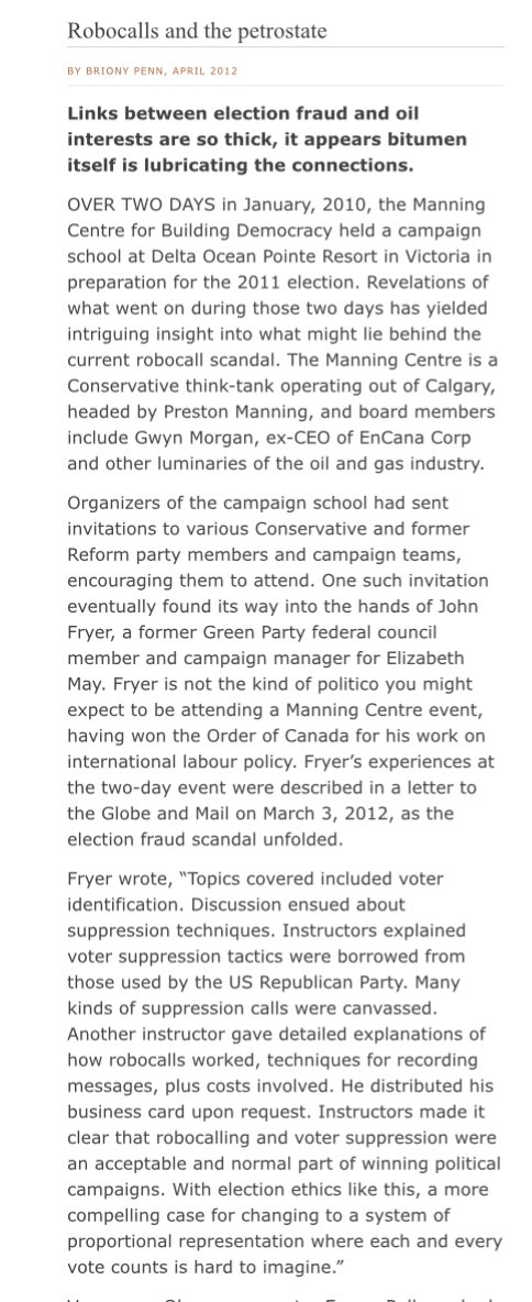 9. An article from 2012 by Briony Penn, highlights the history of nefarious practices by the  #ManningCentre as the article detailed ties exhibited between the MC, fossil fuel interests & the Harper  #Robocalls scandal:  http://focusonline.ca/?q=node/355&nbsp;  #cdnpoli