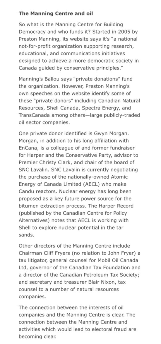 9. An article from 2012 by Briony Penn, highlights the history of nefarious practices by the  #ManningCentre as the article detailed ties exhibited between the MC, fossil fuel interests & the Harper  #Robocalls scandal:  http://focusonline.ca/?q=node/355   #cdnpoli