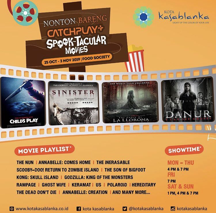kotakasablanka's tweet image. Kota Kasablanka presents..
Catchplay Spooktacular Movies 
25 Oct-3 Nov 2019 at Food Society, #KotaKasablanka 
Let’s make your Halloween spooky again!
Keep your eyes peeled right here for full movie schedule &amp;amp; more bloody details!

#Catchplay #Spooktacular #HorrorMovies #Halloween
