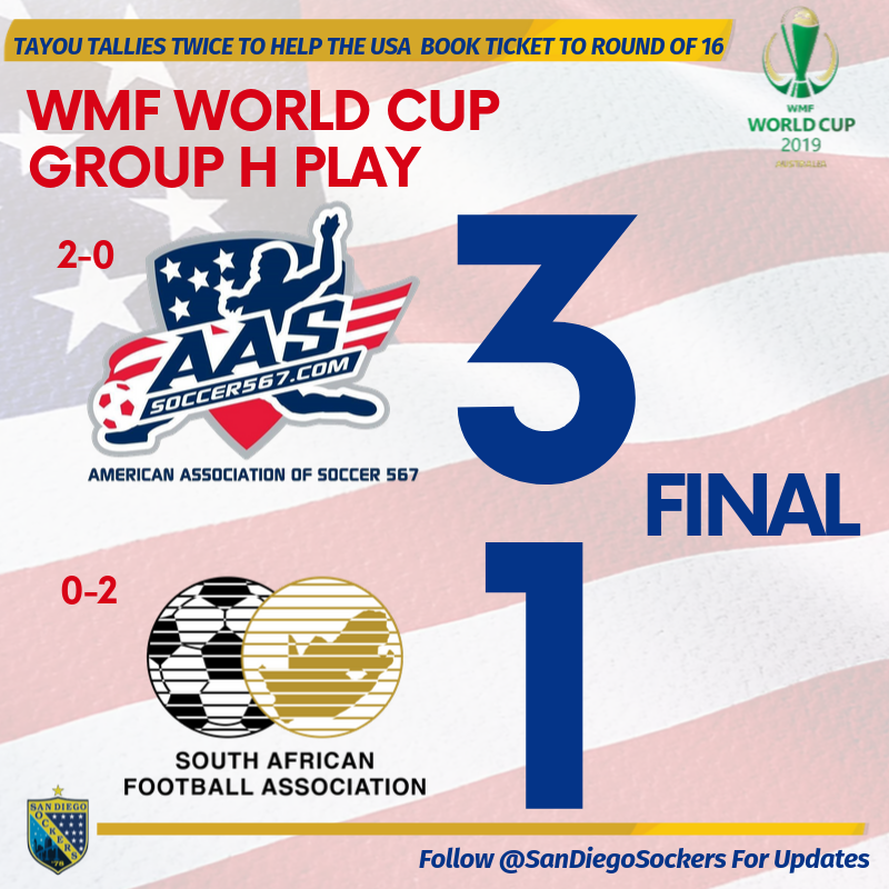 . <a href="/KingTayou/">Franck Tayou</a> has a brace and @2_bopa_7earns his second win in the <a href="/usasoccer567/">American Association of Soccer 567</a>'s 3-1victory over So. Africa in WMF World Cup group play. The USA has qualified for the Round of 16 and plays Brazil next on Saturday, 8pm (PT Time) to finish group play. 

#WMFWorldCup