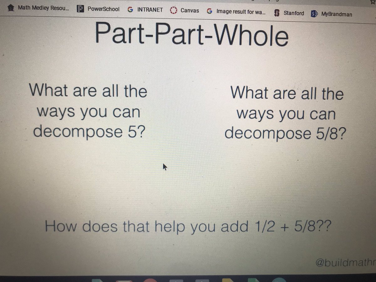 MsCorrinneClay's tweet photo. @BuildMathMinds Holy Moly! I love decomposing numbers into easier bits but you just blew my mind with the thought of decomposing FRACTIONS! Yes! This is awesome- #whydidntIthinkofthat https://t.co/RBV1jrbO67