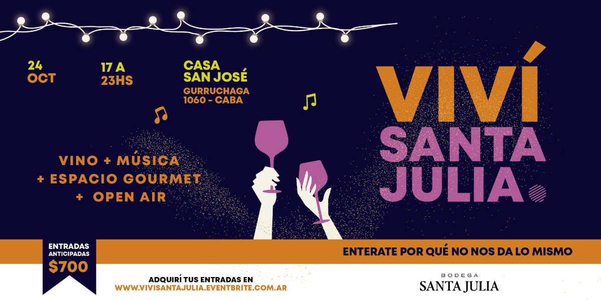 SantaJuliaARG's tweet photo. ¡VIVÍ SANTA JULIA!

Llega la primera edición del festival “Viví Santa Julia” un encuentro informal y divertido para todos aquellos que quieran disfrutar copa en mano de una propuesta al aire libre con amigos, mientras descubren los mejores vinos de la bodega. https://t.co/jP53IKIe4Q