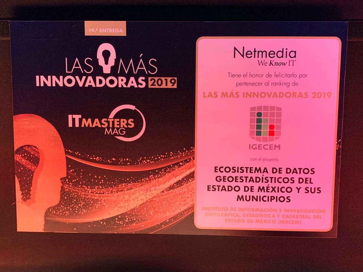 IGECEM's tweet photo. Gracias @Netmedia_mx por el reconocimiento de #LasMásInnovadoras al ecosistema de datos #ECOGEM
Innovamos en beneficio de los mexiquenses 🙌🏻 #IGECEM #ITMastersMAG #Edoméx https://t.co/7K1Ysa2Vcu