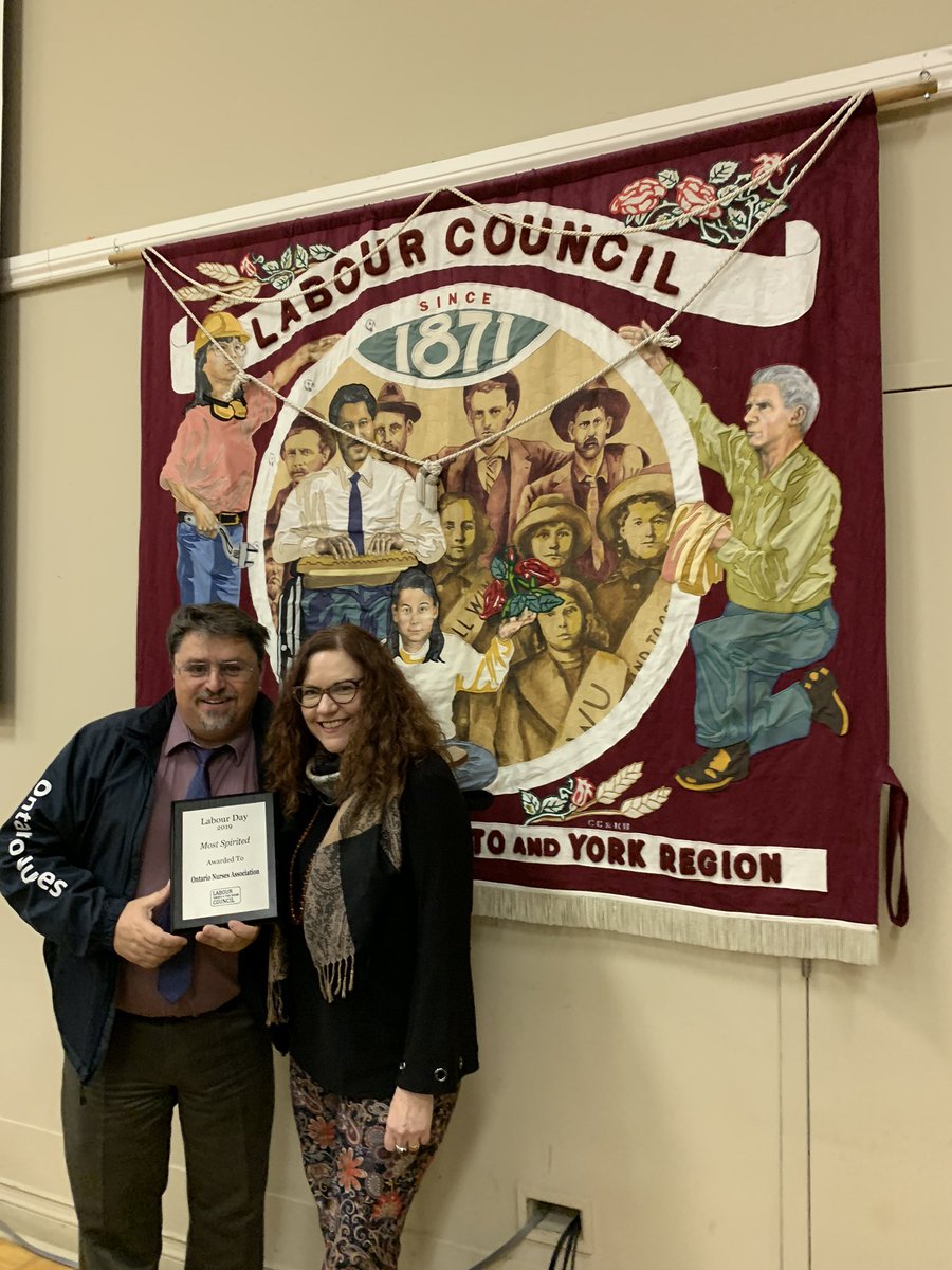 andysummers's tweet photo. Tonight the @torontolabour Council presented Region 3 of @ontarionurses the “Most Spirited Award” for our #TorontoLabourDay parade performance. Here’s to you all who attended. https://t.co/r60DZYphie