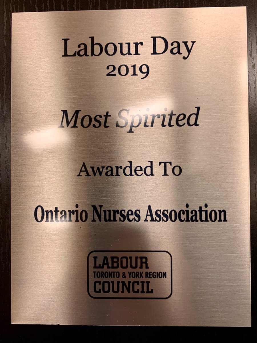 andysummers's tweet photo. Tonight the @torontolabour Council presented Region 3 of @ontarionurses the “Most Spirited Award” for our #TorontoLabourDay parade performance. Here’s to you all who attended. https://t.co/r60DZYphie