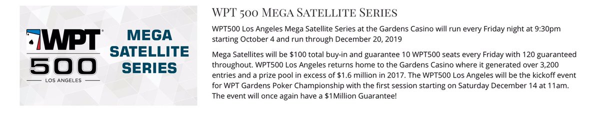 cavincasino's tweet photo. #TheGardensCasino #New #Friday #Poker tournaments start Oct. 4! (Tomorrow)

#THEFridayNightEvent GTE raised to $30K
#BBA format (Ante first)
#ActionClock added
#WPT500 Los Angeles Mega Satellite Series w/10 Seats GTD

Checkout the full lineup &amp; structures https://t.co/VVQuLUjIW6 https://t.co/D72IP6Gl6B