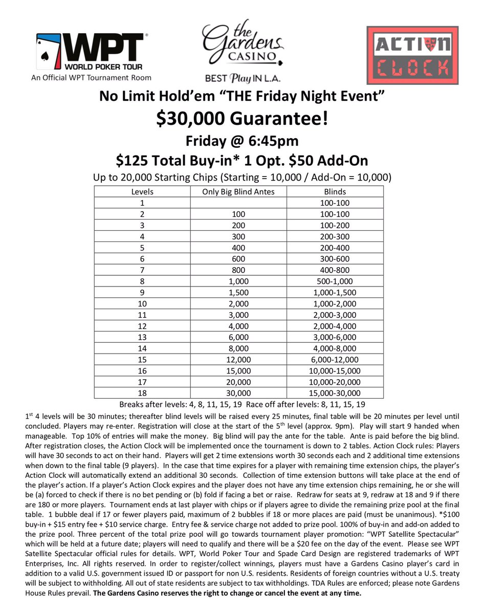 cavincasino's tweet photo. #TheGardensCasino #New #Friday #Poker tournaments start Oct. 4! (Tomorrow)

#THEFridayNightEvent GTE raised to $30K
#BBA format (Ante first)
#ActionClock added
#WPT500 Los Angeles Mega Satellite Series w/10 Seats GTD

Checkout the full lineup &amp; structures https://t.co/VVQuLUjIW6 https://t.co/D72IP6Gl6B