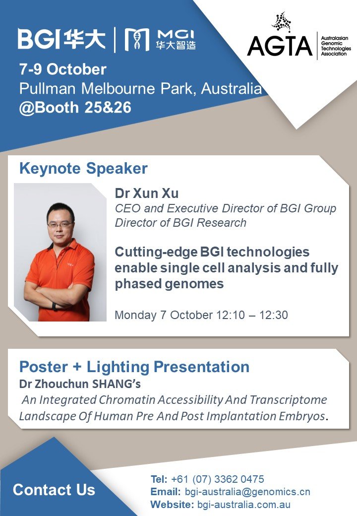 MGI_Technology's tweet photo. Excited to be at #AGTA19 Oct. 7-9 in Melbourne, where #BGI Group CEO Dr. Xun Xu will give a keynote Oct. 7. He will highlight our novel technologies to improve #SingleCell analysis and long fragment reads, enabling more complete and accurate human genomes.
#MGI #sequencing #NGS https://t.co/Nx95a3H4Go