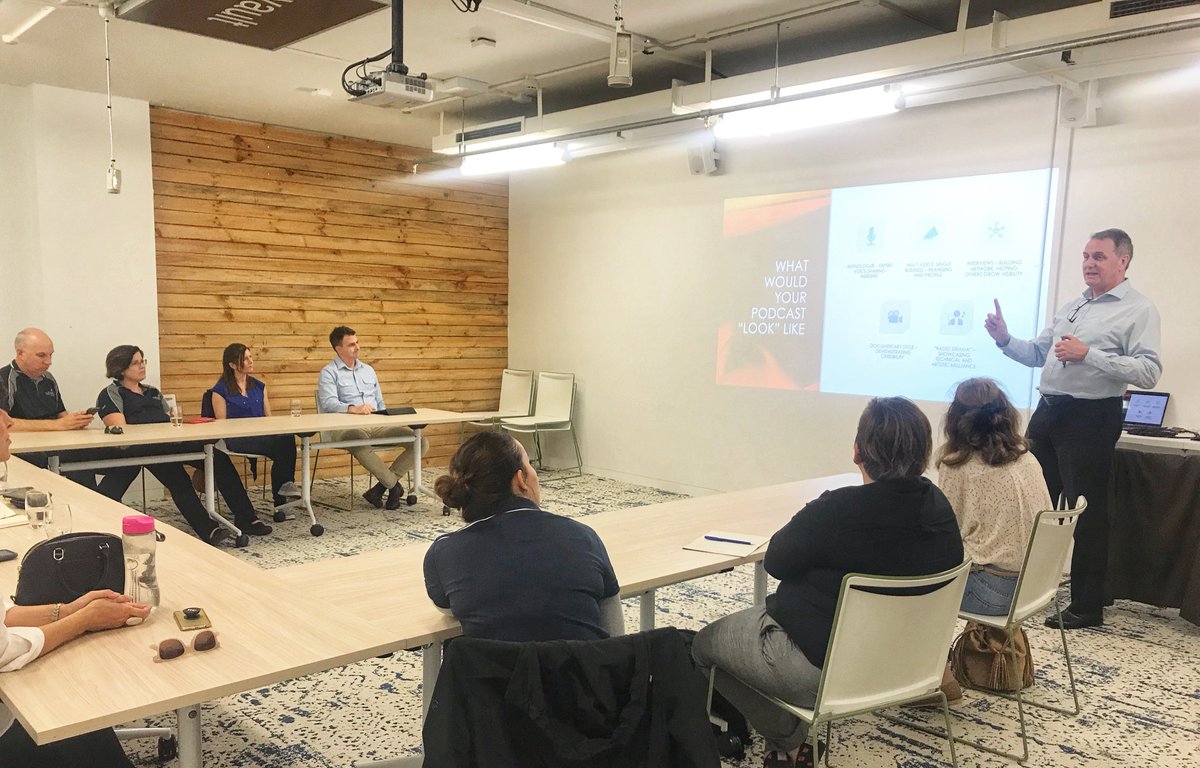 space3ed's tweet photo. Our final workshop for #PerthPodcastWeek hosted by @FrancisNorman on 'Why Your Business Needs a Podcast' has just begun, speaking to another #full #house of budding and professional #podcasters! https://t.co/3yqpUucvMX