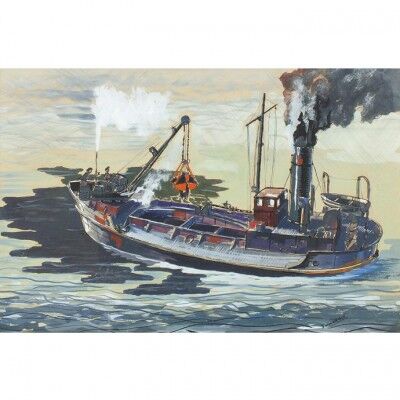 fiftiesart's tweet photo. J.Mockridge presents a ‘Steam-Driven Plym Estuary Dredger’, a gouache in a style similar to children’s book illustrations of the period.

#steam #art #gouache #book #drive #boat #artforsale #artcollectors https://t.co/mZh4nlWP1W