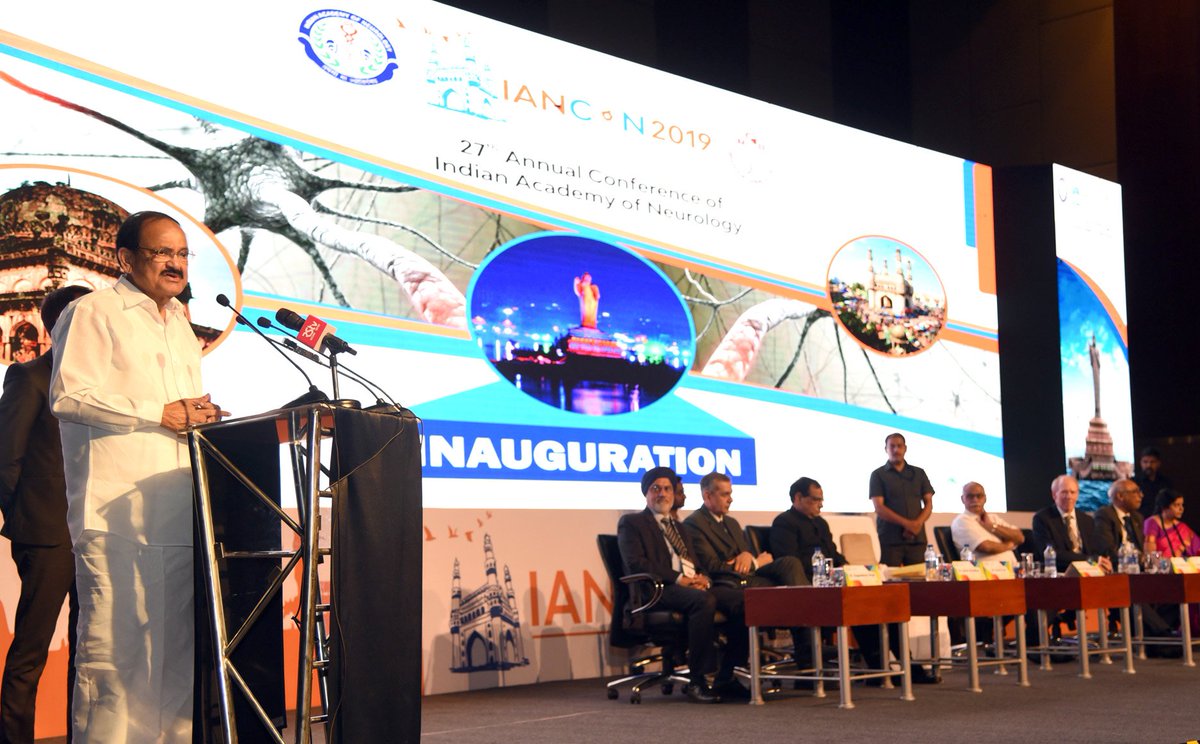 MIB_India's tweet photo. Vice President, Shri @MVenkaiahNaidu inaugurates 27th Annual Conference of the Indian Academy of Neurology - #IANCON 2019 in Hyderabad on October 03, 2019; asks medical fraternity to launch awareness to prevent Non-Communicable Diseases (NCDs): https://t.co/JVP7H6RDJz https://t.co/5ze9QtyDim
