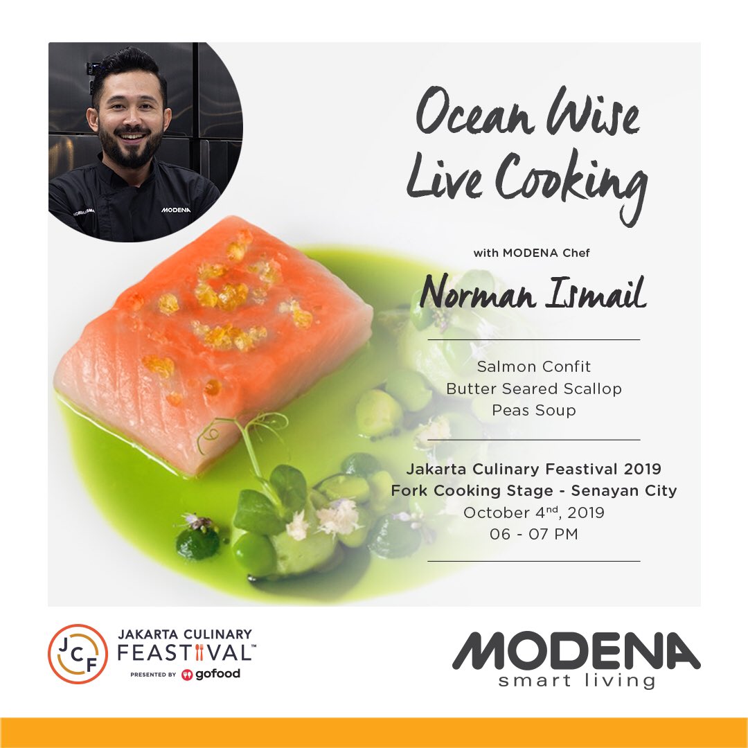 JCFeastival's tweet photo. Introducing the new MODENA Chef! 
Chef Norman Ismail will be at #JCF19 performing “Ocean Wise” live cooking!

Find out at Fork Cooking Stage, Senayan City. Oktober 4th 2019, 06:00 PM. 

@MODENAindonesia as a Official Kitchen Equipment Partner. https://t.co/rabsJLmgx7