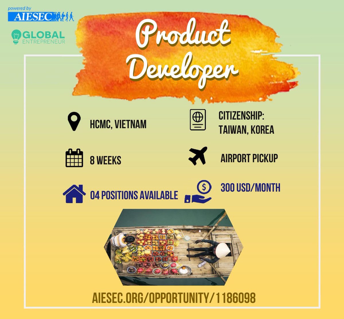 LTT_2505's tweet photo. PRODUCT DEVELOPER
Internship in Vietnam!!

Duration: 8-12 weeks
Salary: 300USD/Month

Apply:  https://t.co/b4FGyelanS

CONTACT: Andrei
Andrei
•https://t.co/BDFOqH3s4q
•WhatsApp: +84 964 918 305
•Email: tien.lai7@aiesec.net

#travel #challenge #Taiwan #Japan #jobseekers #salary https://t.co/GbXN5suCbQ
