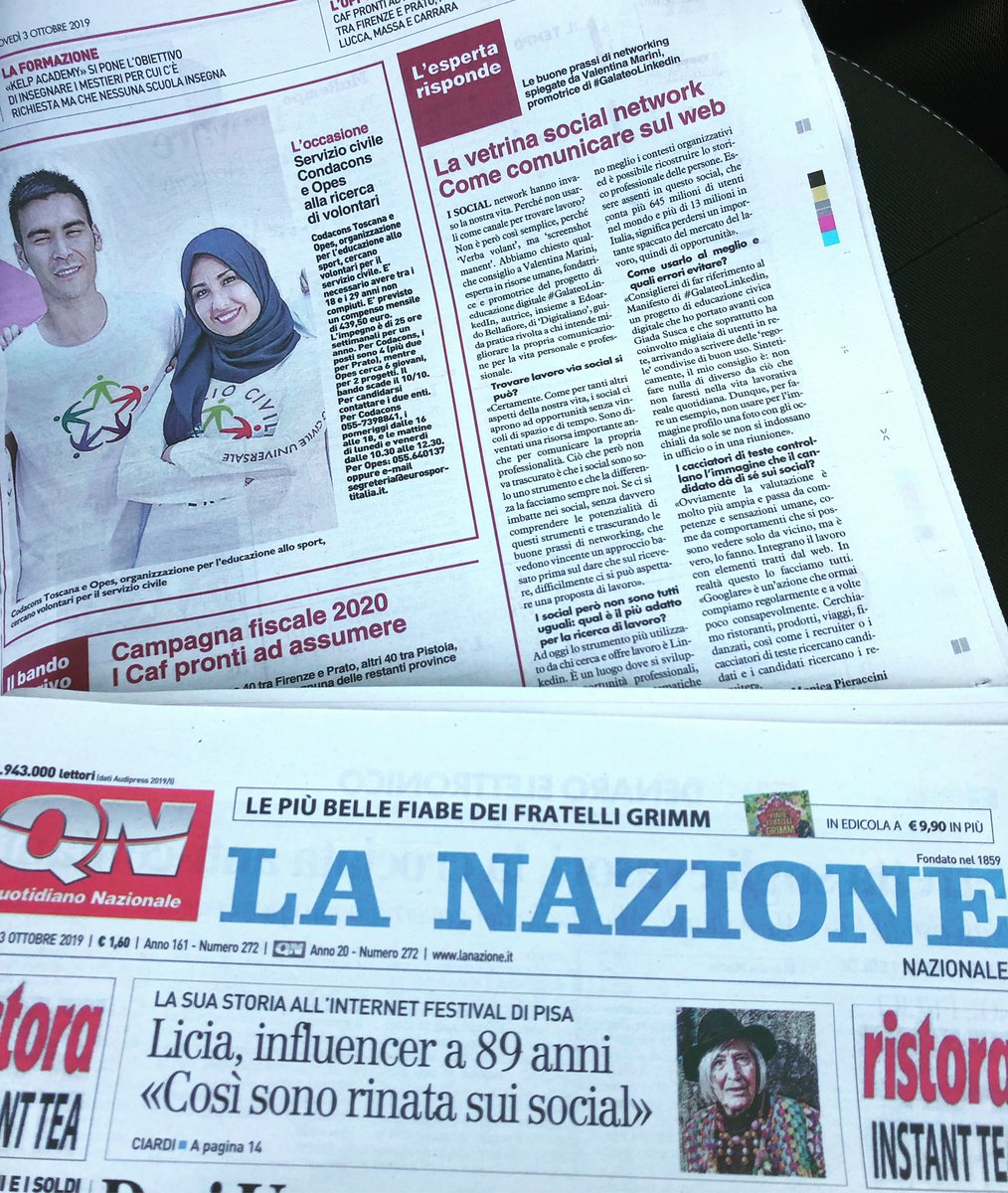 Ieri per LA NAZIONE la nostra <a href="/valemariniHR/">Valentina Marini</a> ha parlato di:
- come trovare #lavoro via #social, 
- la differenza tra i social,
- #GalateoLinkedIn - come usare al meglio #LinkedIn
- l’uso dei social tra recruiter e cacciatori di teste.