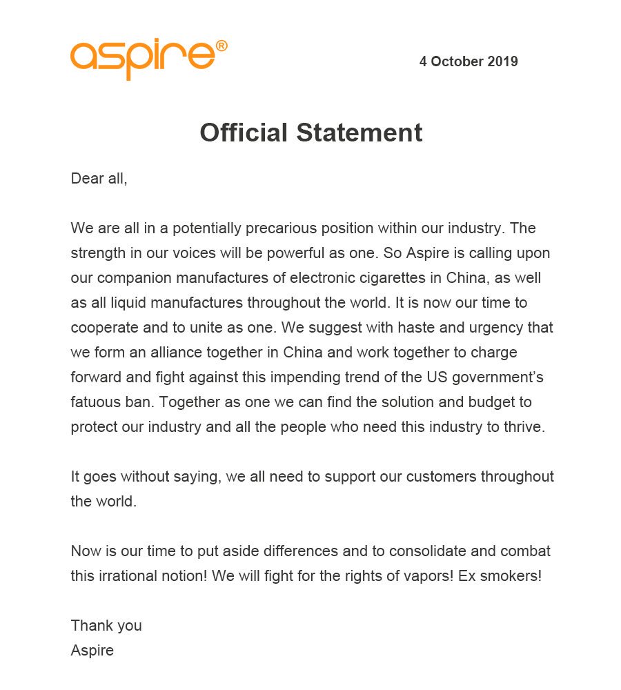 aspirecigs's tweet image. Aspire Official Statement