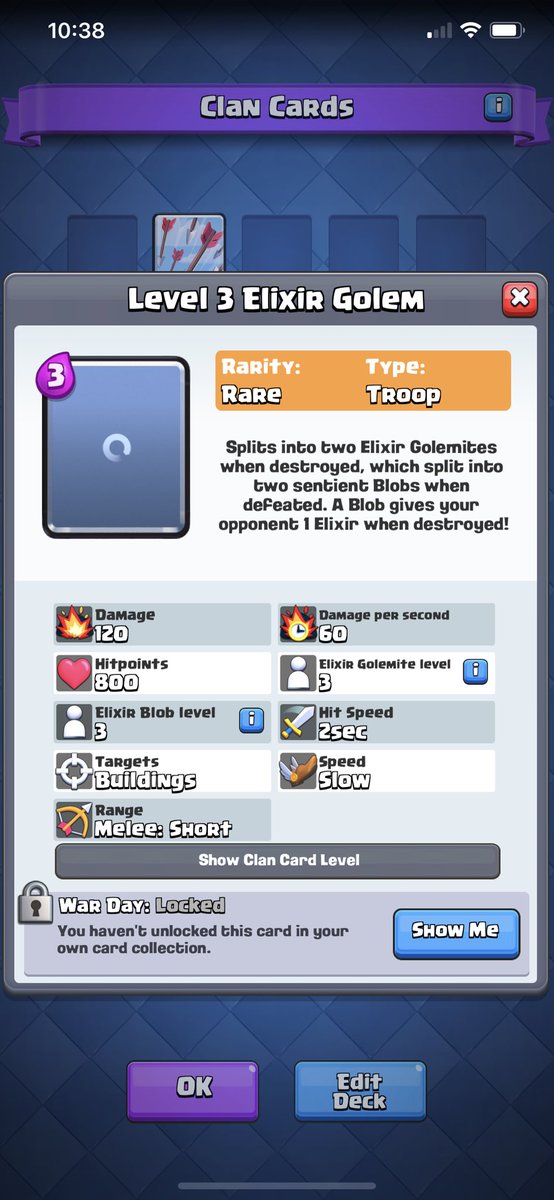 chizzzy79's tweet photo. @ClashRoyale Elixir golem in 4 days but why is it taking up a spot in my clan’s clan war cards now? https://t.co/NiB6GEanVf