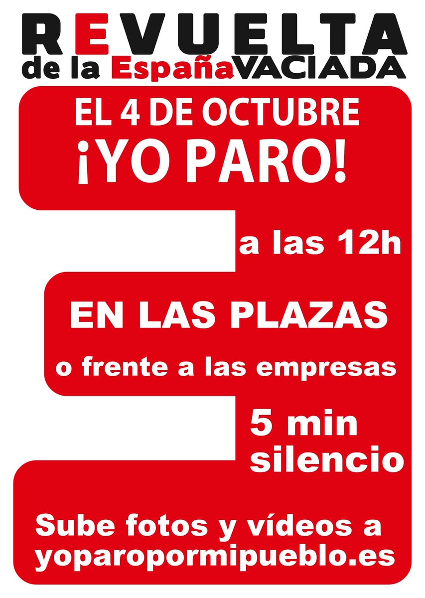 HOY a las 12 h MEDIO PAÍS PARAMOS ✋ para que no nos paren 🛑, #YoParoPorMIPueblo en la #EspañaVaciada, en las plazas, frente al trabajo, 5 minutos de silencio 🤫 y después leer el Manifiesto 👉 teruelexiste.info/manifiesto-par…  RECUERDA hacer 📷🎥 y subirlos a yoparopormipueblo.es RT