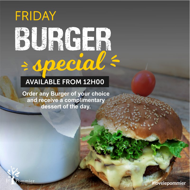 LePommierWines's tweet photo. Join us for the #Rugby South Africa vs Italy game today at 10:45am Our Friday Burger Special will be available during the game! Wear your Springbok attire for a complimentary #springbokkie #RWC2019 https://t.co/fN9ZY73awb