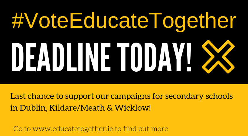 EducateTogether's tweet photo. Today is the final day that you can #VoteEducateTogether for new secondary schools for six areas in #Dublin #Kildare #Meath #Wicklow Are you eligible? Check here: https://t.co/qnd67Bm6vt https://t.co/5bKqTqrwvC