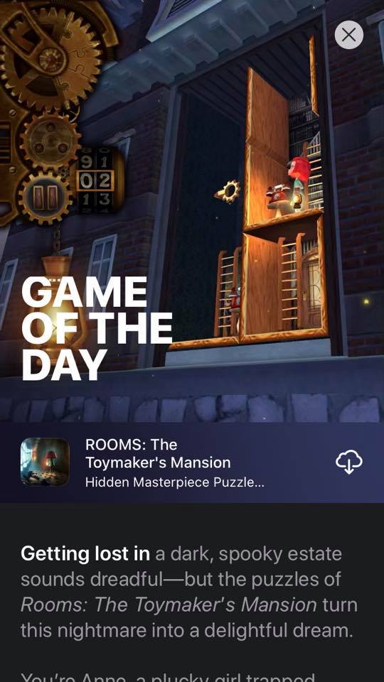 HandMadeGame's tweet image. Holy 🐮, ROOMS is the Game of the Day  and #1 paid puzzle game on the US #AppStore 🤯!! 

&amp;lt;ROOMS: The Toymaker's Mansion&amp;gt;
onelink.to/rooms

*Updates are coming soon, too! 

#puzzles #gamedev #indiegamedev #madewithunity