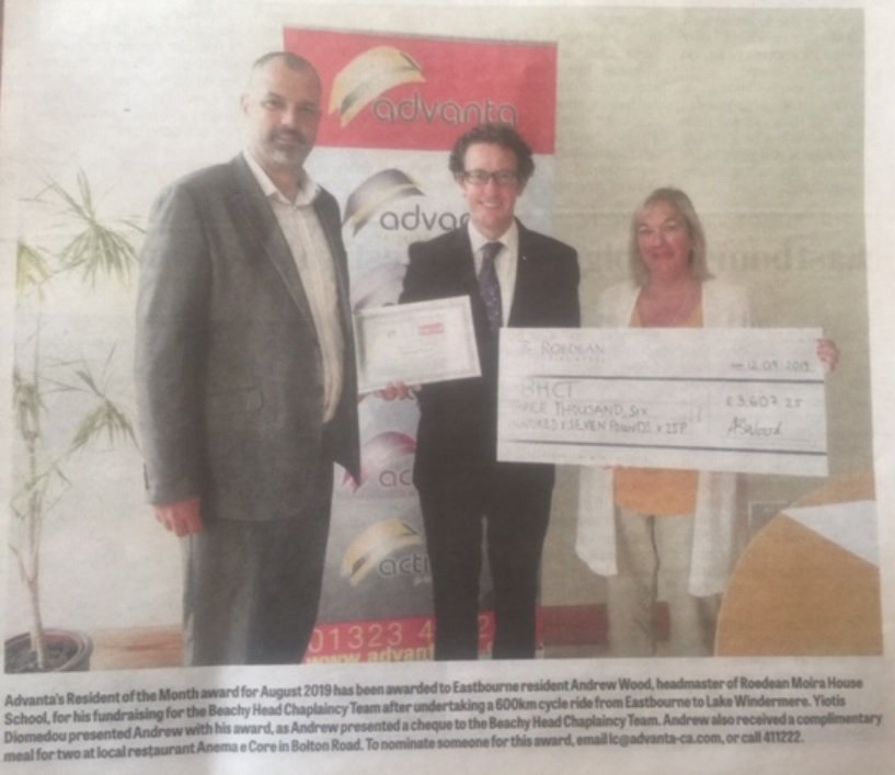 Congratulations Mr Wood for receiving Advanta's Resident of the Month award for August 2019 for his fundraising for the BHCT - £3,607 huge effort. Thanks everyone.