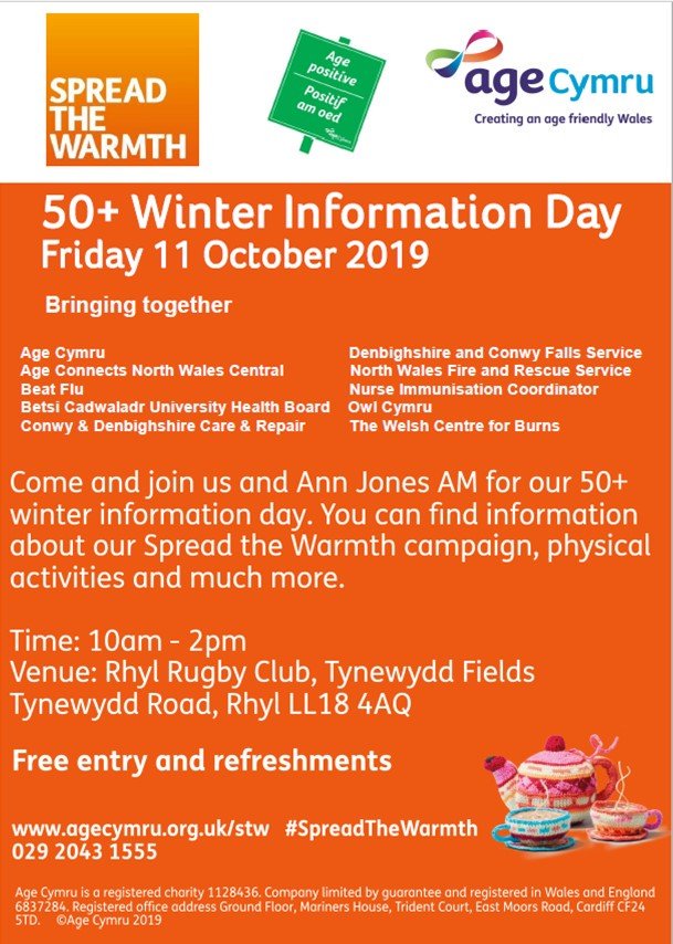 Age Cymru is hosting a winter information day!

The event, which is free of charge, will take place at the Rhyl Rugby Club on Friday 11 October 2019 between 10am and 2pm.
There will be a warm welcome for everyone.
#spreadthewarmth