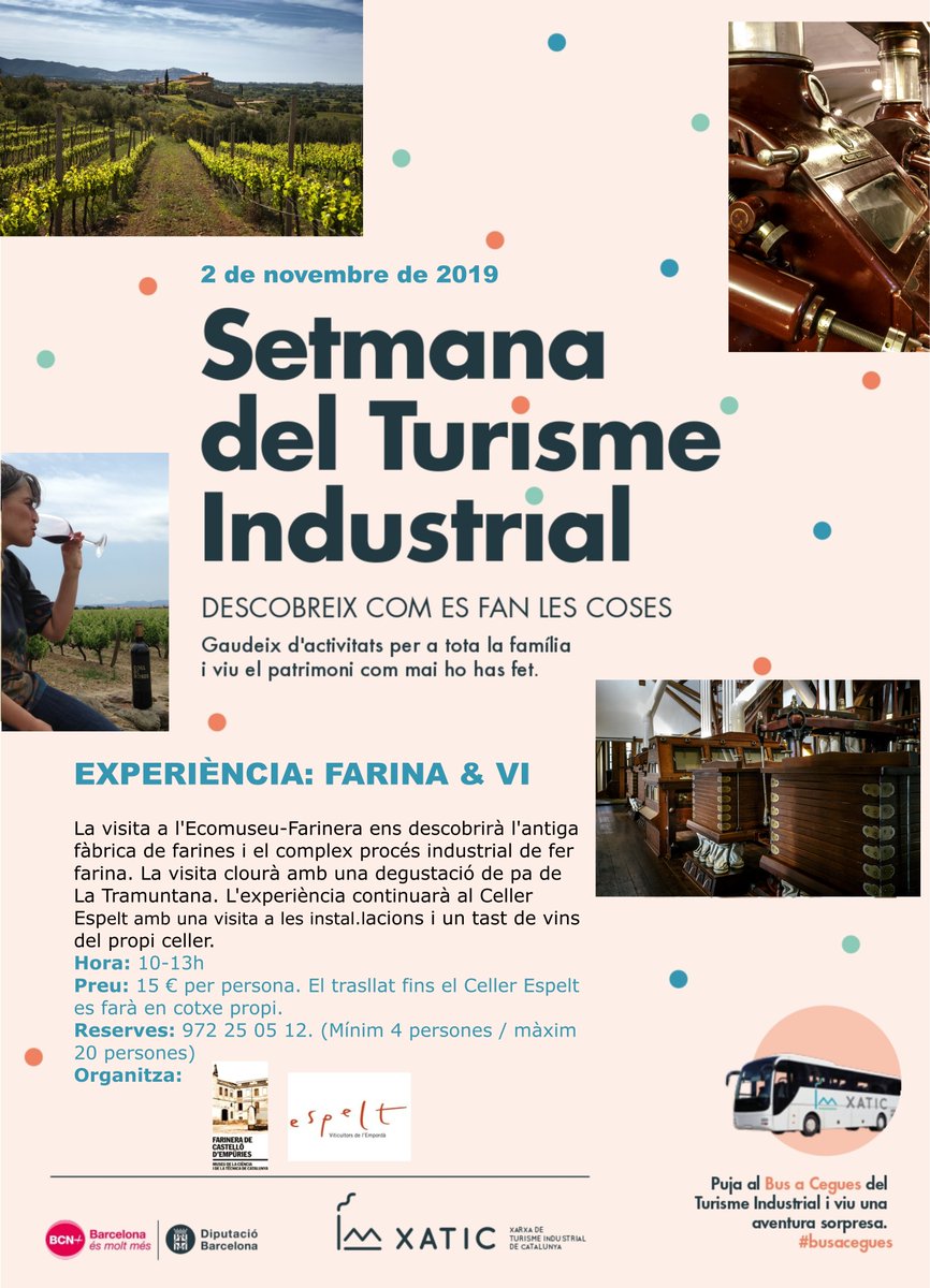 CellerEspelt's tweet photo. Experiència Farina &amp; Vi @BCNmoltmes 
[ Dissabte, 2 de novembre ] 
#CellerEspelt #ecomuseufarinera @Castello_Emp 
#vicatalà https://t.co/7YkqOiY116