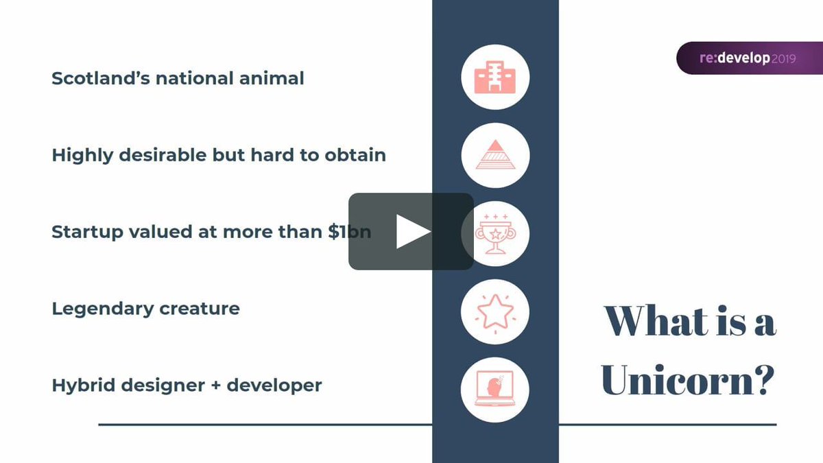 redevelopconf's tweet image. In the developer world, unicorns are a rare and hybrid race - part designer, part developer. At #redev19, @AlexandraMMR, Software Engineer at JPMC, talks about how unicorns can be the answer to building better voice experiences. Get the insight here: buff.ly/2nKu5JK