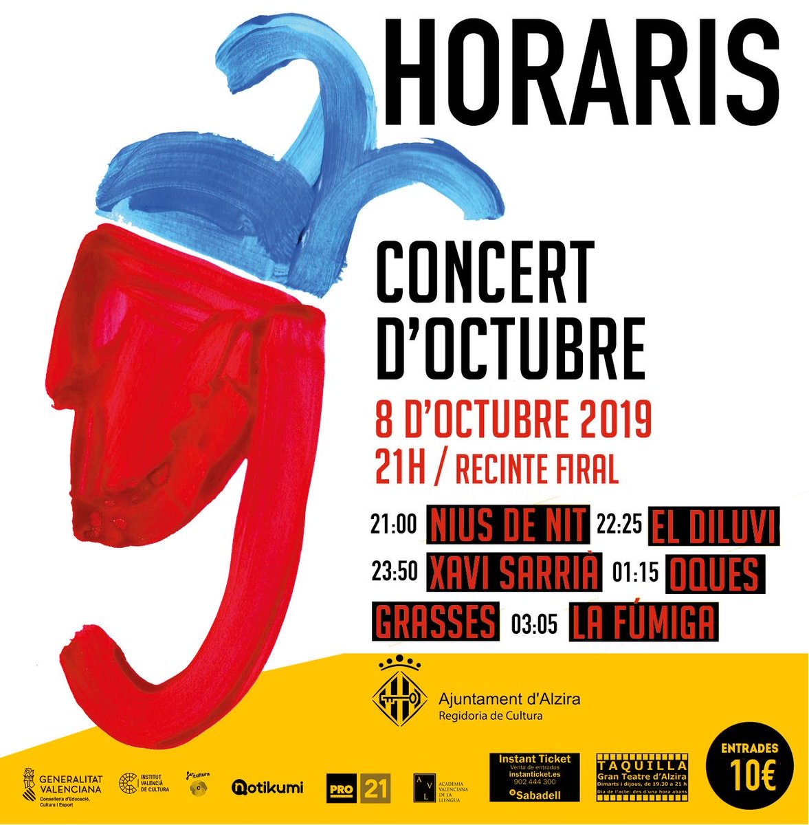 Ja tenim els HORARIS 🤗⏳

T'esperem dimarts al Concert del 9 d'Octubre a Alzira a partir de les 🕘 21:00 

Disponibles les entrades per 10€ sense despeses extra

🔗notikumi.com/2019/10/8/torn…
🔗 instanticket.es/#/detalle/C9OC…

@NiusdeNit <a href="/el_Diluvi/">el Diluvi</a> <a href="/xavisarria/">Xavi Sarrià 🇵🇸</a> <a href="/OquesGrasses/">Oques Grasses</a> @LaFumigaBand