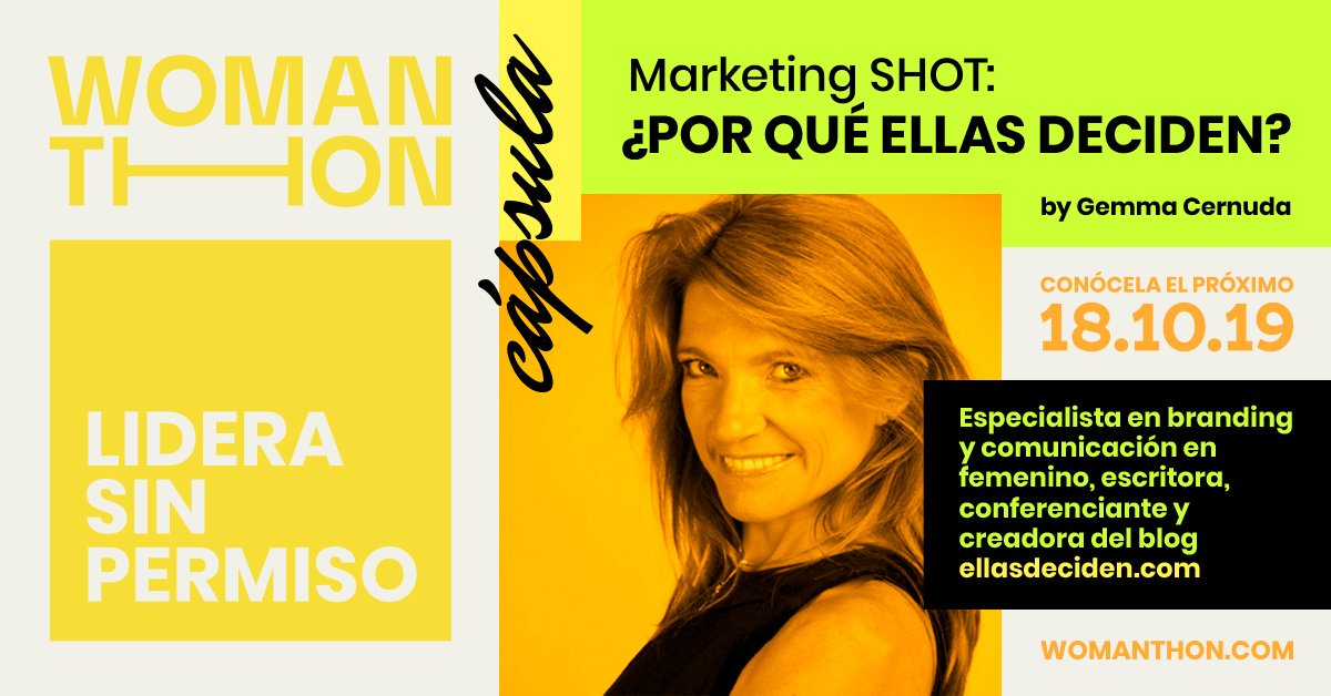 ¿Por qué ellas deciden? 🙋‍♀️
Tendrás que descubrirlo en el próximo #Womanthon, y sólo ella tiene la respuesta. Es un placer tener con nosotras a Gemma Cernuda (<a href="/peixco/">gemma cernuda</a>)!