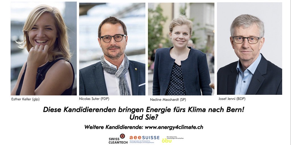 swisscleantechD's tweet photo. Wollen wir die Chancen für unsere Wirtschaft nutzen, braucht es eine wirksame Klima- &amp; Energiepolitik. Zu den 180+ Unterstützer*innen von #energy4climate gehören @NicolasSuter (FDP), @nmasshardt (SP), Esther Keller (GLP) &amp; Josef Jenni (BDP). Mehr Infos 👉 https://t.co/IHewDZoYQ8 https://t.co/8YgKGS74xt