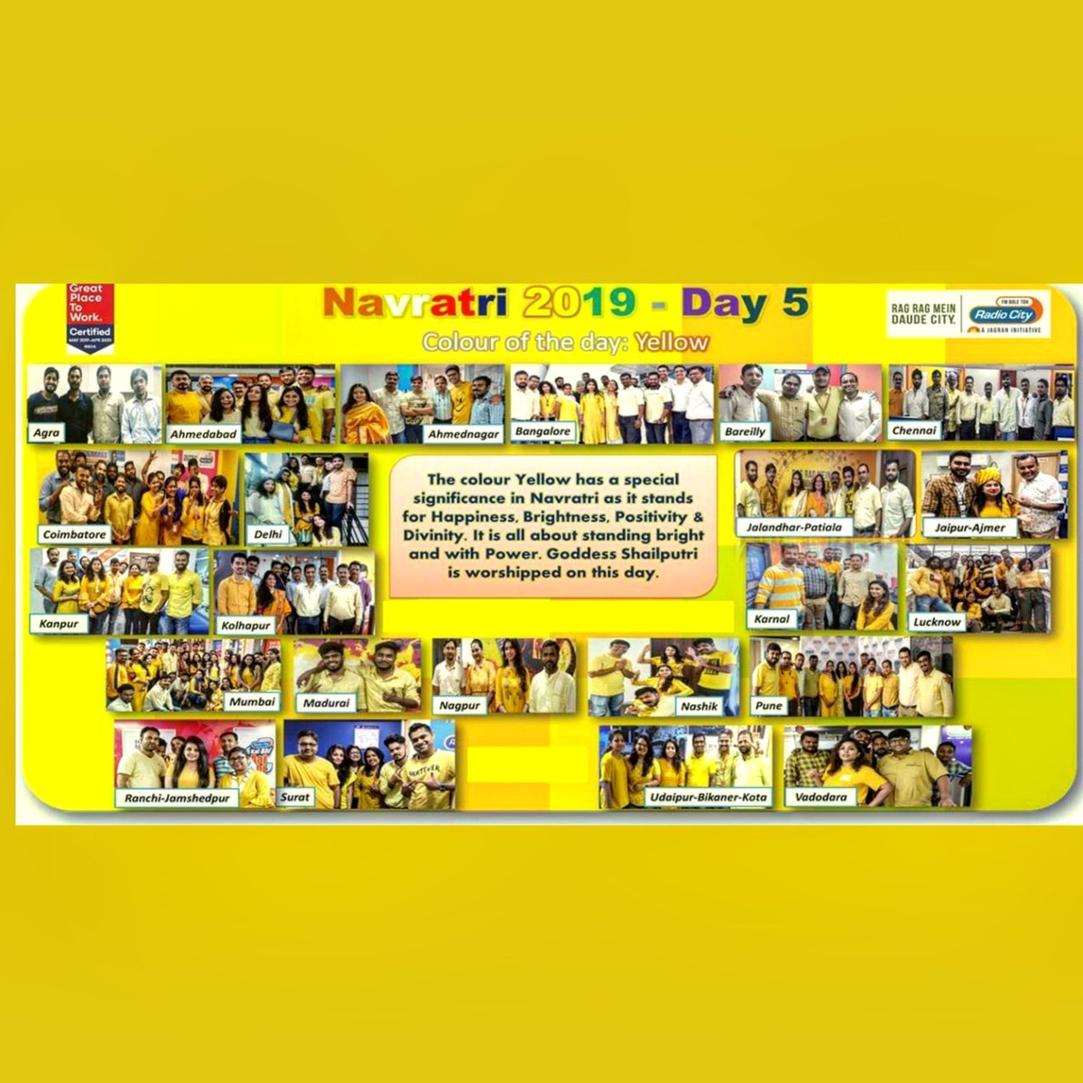 RadiocityVibe's tweet photo. Radio Cityzens standing bright and with power !

Day 5 : Colour Yellow

@radiocityindia

#bestworkplaces #Radiocityvibe #goodvibes #navratri2019 #celebration https://t.co/KBCwKE6nQx