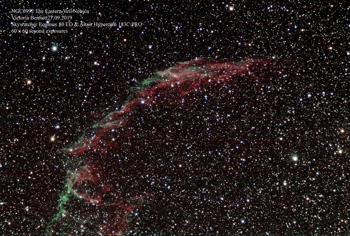 vicky050373's tweet photo. Another one of my images from Kelling Heath Autumn Equinox Star Party.
NGC6992 The Eastern Veil Nebula 27.09.2019
Skywatcher Equinox 80 ED &amp; Altair Hypercam 183C PRO
60 x 60 second exposures https://t.co/lKsgrgV781