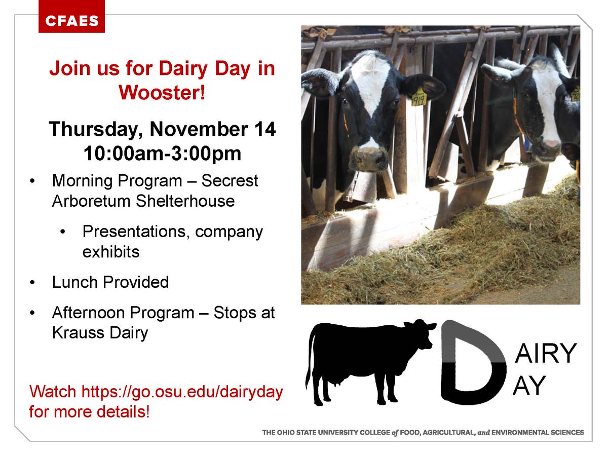 osuansci's tweet photo. Save the Date! Join us for Dairy Day in Wooster on Thursday, November 14! The event will start at 10 am at the Secrest Welcome Center. The registration link will be available soon! https://t.co/M6ldEW6apY