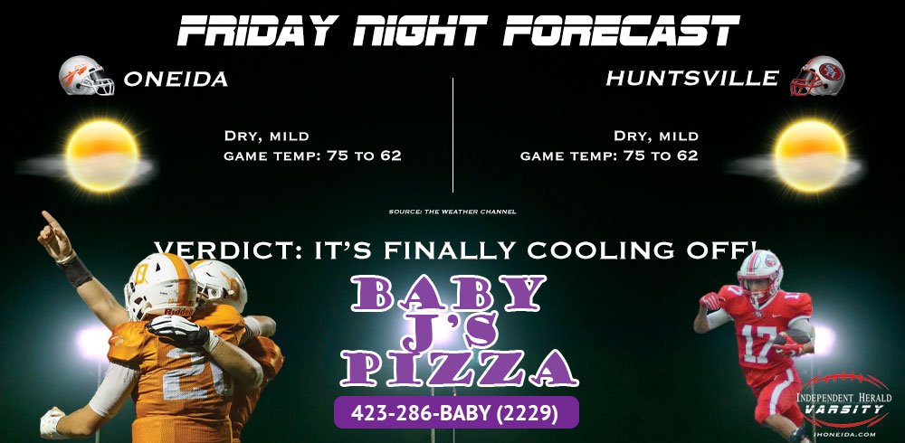 IHVarsity's tweet photo. Our #FridayNightForecast, presented by Baby J's Pizza. Before you head out to Jim May Stadium or Highlander Stadium tonight — head to Baby J’s! It’s still warm, but so much better than the first 6 weeks of the season! Great weather on tap tonight. https://t.co/nFzzyD4tip