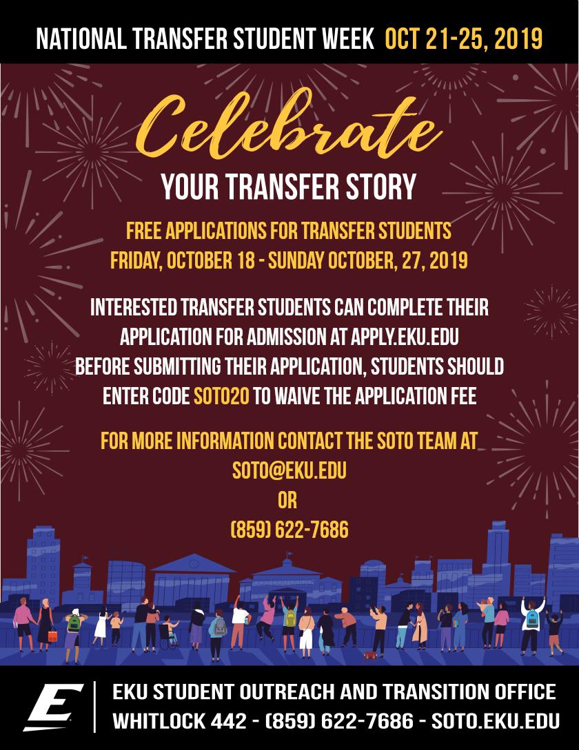 EKUSOTO_'s tweet photo. For those of you potential transfer students who haven't applied, we want to use our celebration of National Transfer Student Week to help you fix that! Beginning  October 18th, you can enter the code below to waive your application fee! https://t.co/zHV81kimxV