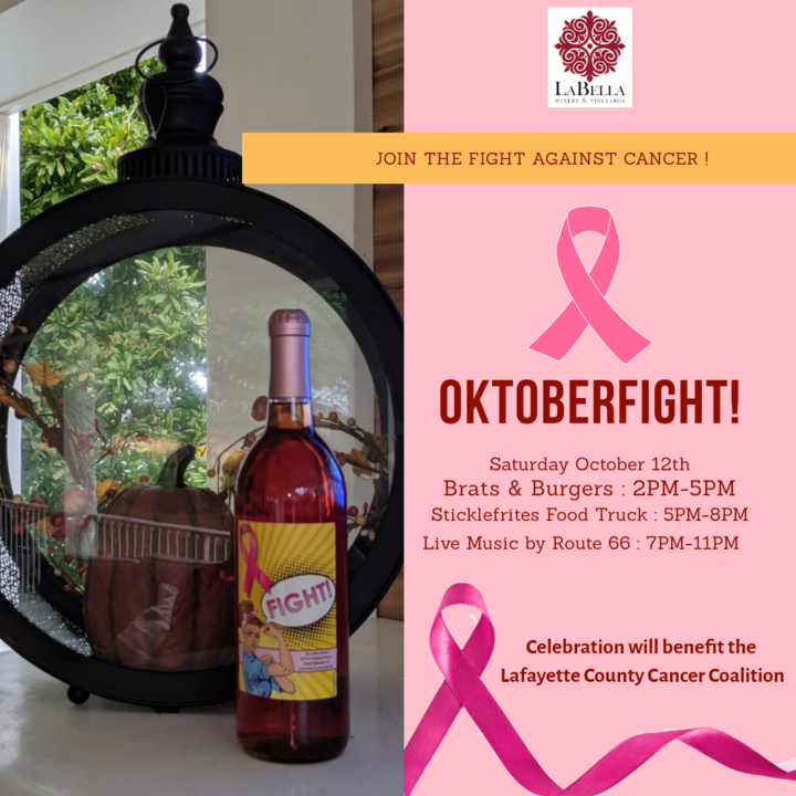 LabellaWine's tweet photo. Join us in the fight against cancer! October is Breast Cancer Awareness Month and La Bella will be hosting OKTOBERFIGHT this Saturday October 12th. There will be $5 for Route 66 band and proceeds will go to the Lafayette County Cancer Coalition.  #BreastCancerAwarenessMonth https://t.co/RXM54QCHYR